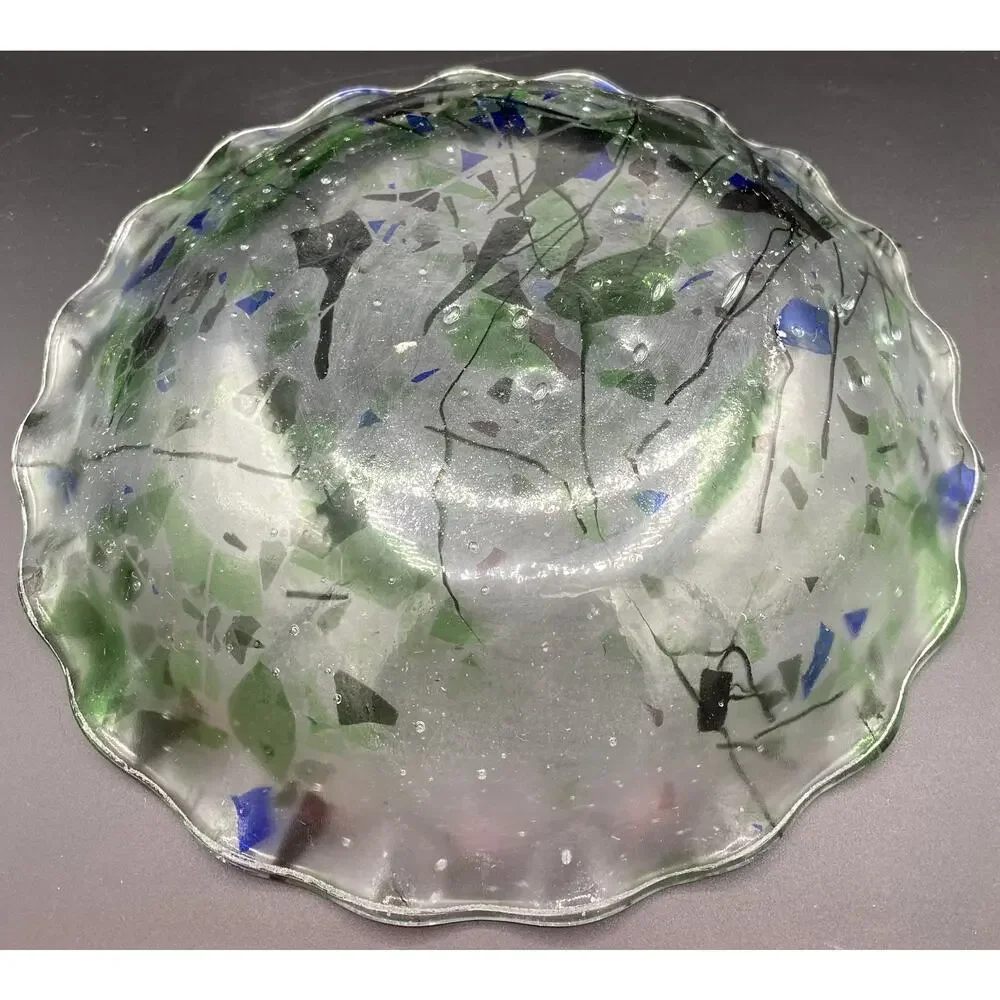VTG Fused Handmade glass Scalloped Bowl Dish blue green large clear serving - Picture 3 of 5